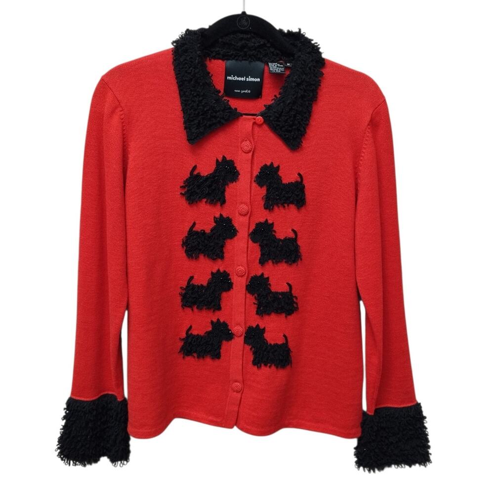 Vintage Michael Simon Womens Scottie Dog Cardigan Medium 3D Fringe Novelty